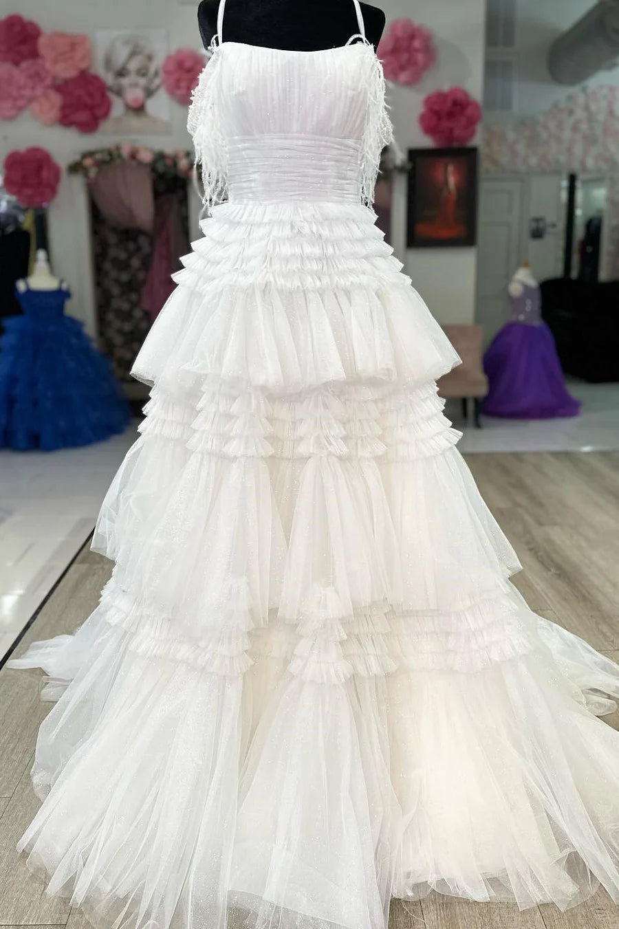 Feather Cold-Shoulder Tiered Long Prom Dress with Ruffles
