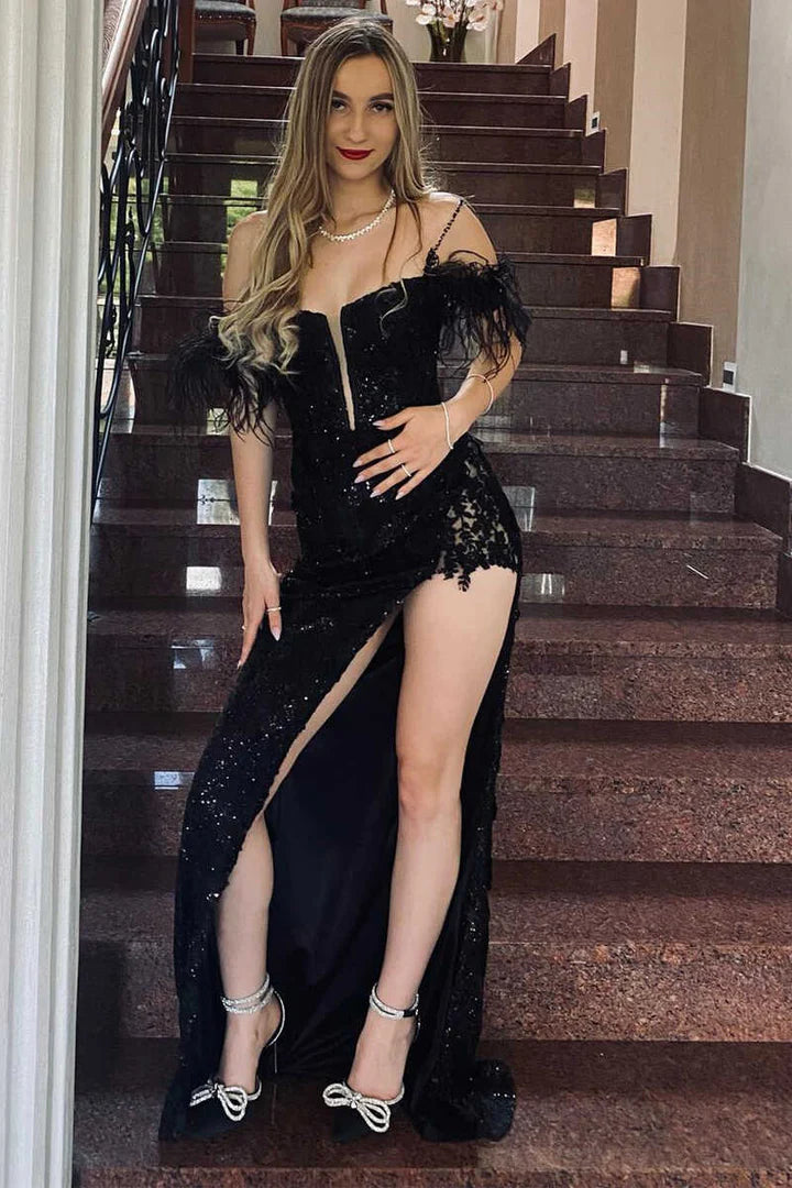 Sequin Appliques Cold-Shoulder Long Prom Gown with Slit