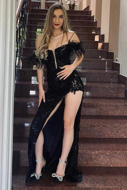 Sequin Appliques Cold-Shoulder Long Prom Gown with Slit