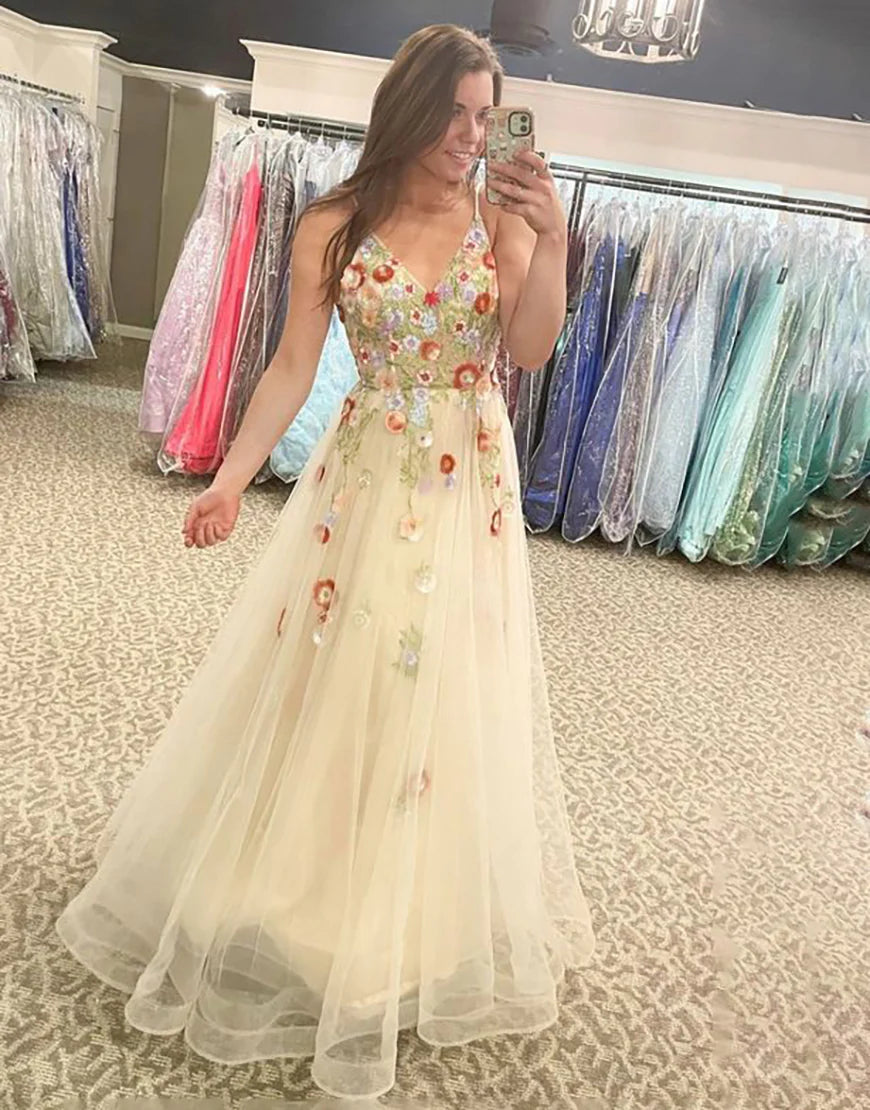 V Neck Tulle Flower A Line Long Prom Dress
