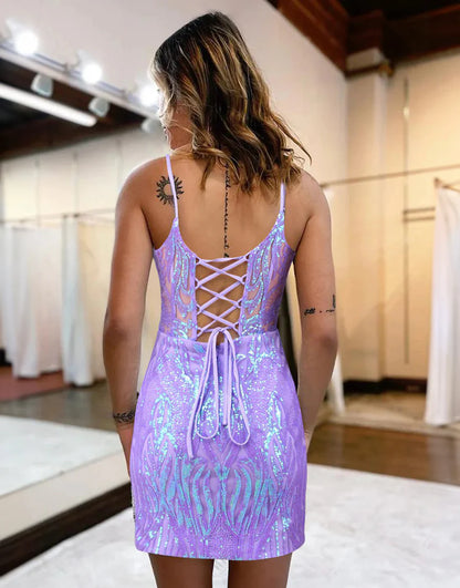 Spaghetti Straps Sparkly Short Homecoming Dress
