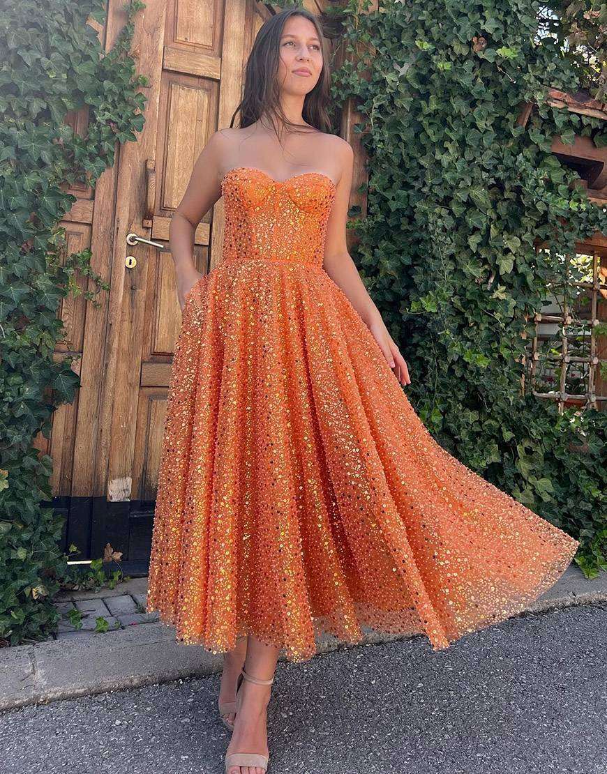 Glitter Sweetheart Orange Prom Dress