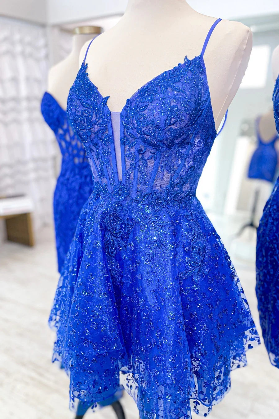 Tulle Lace Multi-Layer Short Gown with Spaghetti Straps