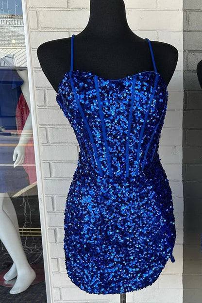 Sequin Lace-Up Short Homecoming Dress with Slit