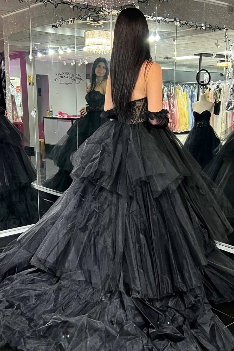 Lace Strapless Multi-Tiered Long Prom Dress