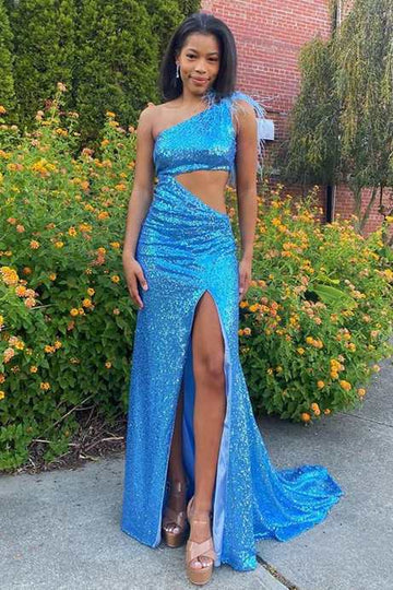 One-Shoulder Sequin Feathers Cutout Mermaid Long Prom Dress