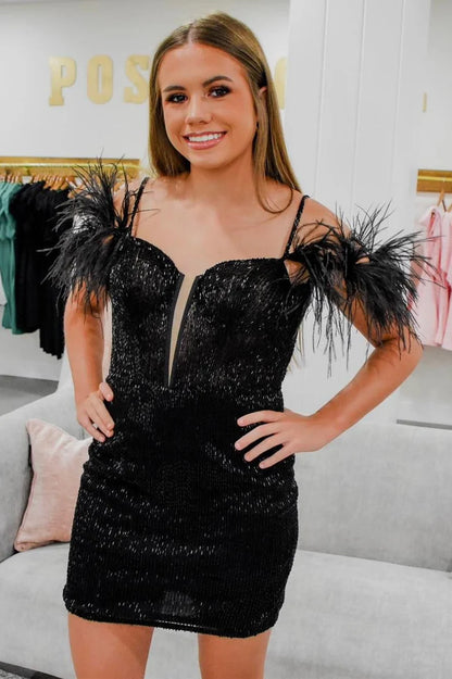 Cold-Shoulder Bodycon Short Dress with Feathers