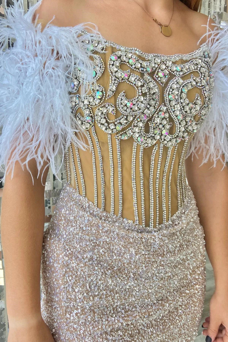 Sequin Off-the-Shoulder Beaded Short Dress with Feathers