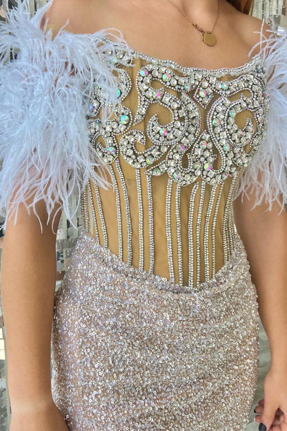 Sequin Off-the-Shoulder Beaded Short Dress with Feathers
