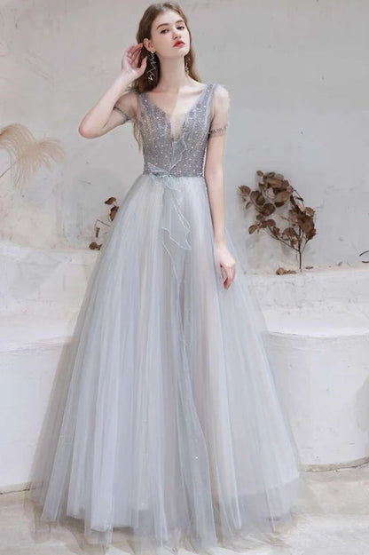Tulle V-Neckline Long Prom Dress with Lace-Up Back