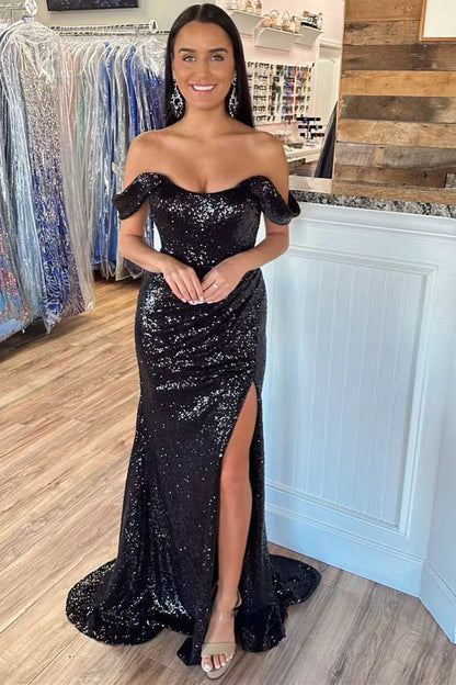 Sequin Off-the-Shoulder Mermaid Long Prom Dress with Slit