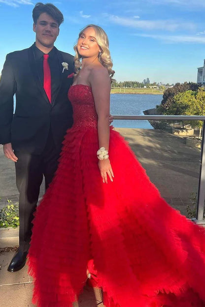Tiered  Strapless A-Line Prom Dress with Slit