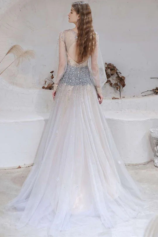 Tulle Beaded V-Neck Long Sleeve Prom Dress