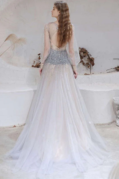 Tulle Beaded V-Neck Long Sleeve Prom Dress