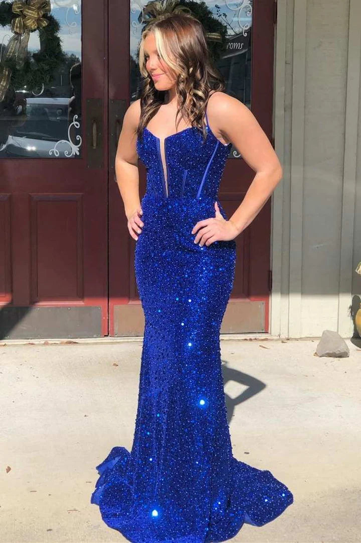 Sequin Split Neck Mermaid Long Prom Dress