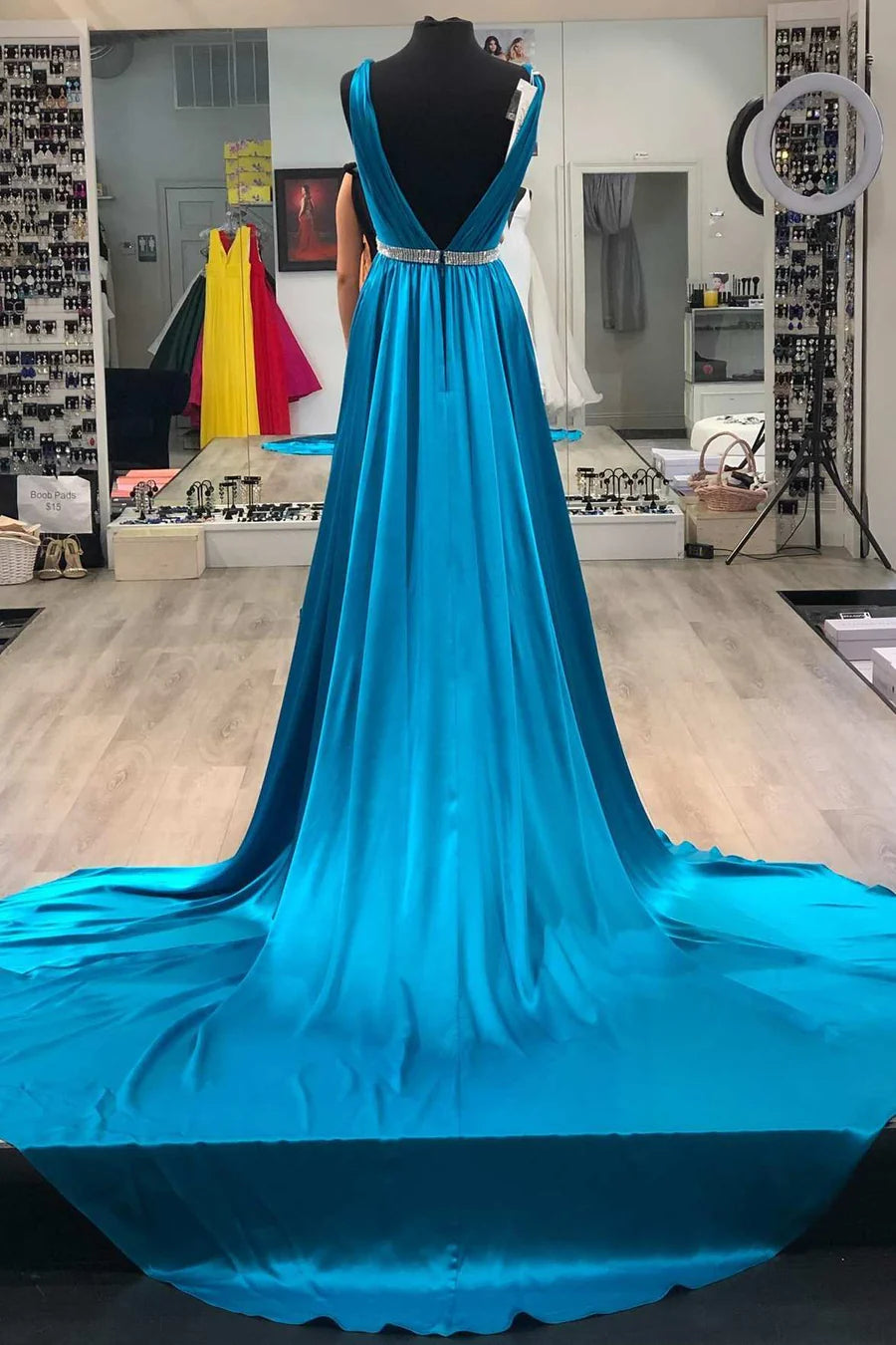 Plunge V Belted Open Back Long Prom Dress with Slit
