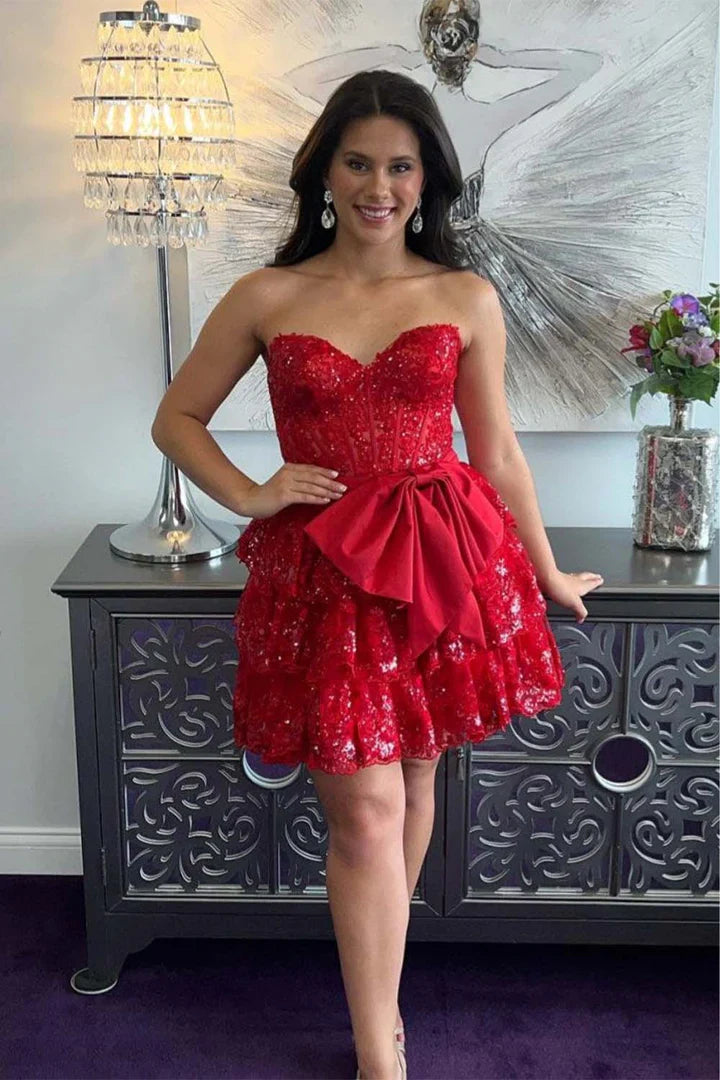 Sequin Ruffle Homecoming Dress with Bow