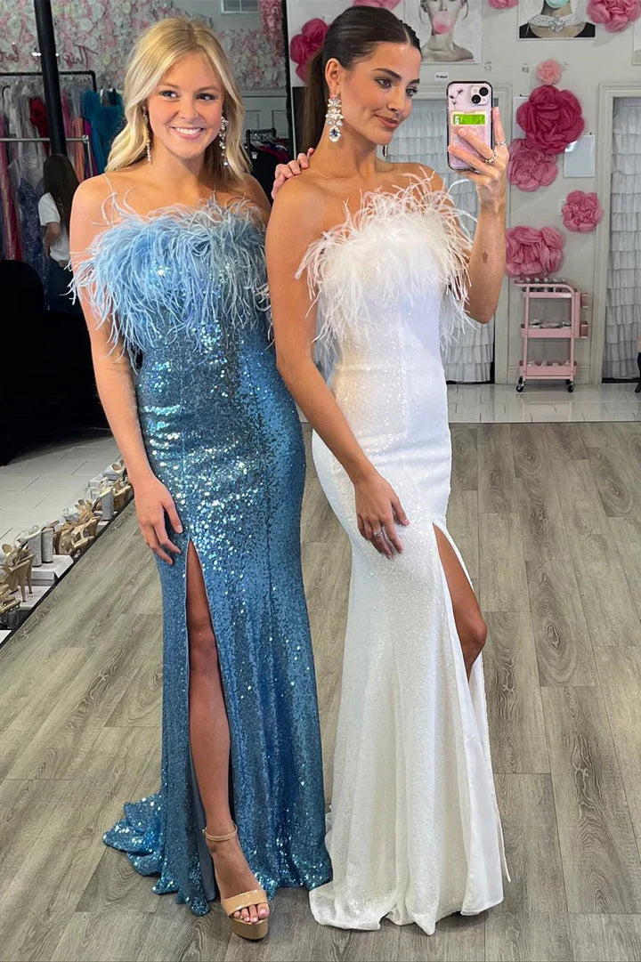 Sequin Feather Strapless Long Formal Gown with Slit