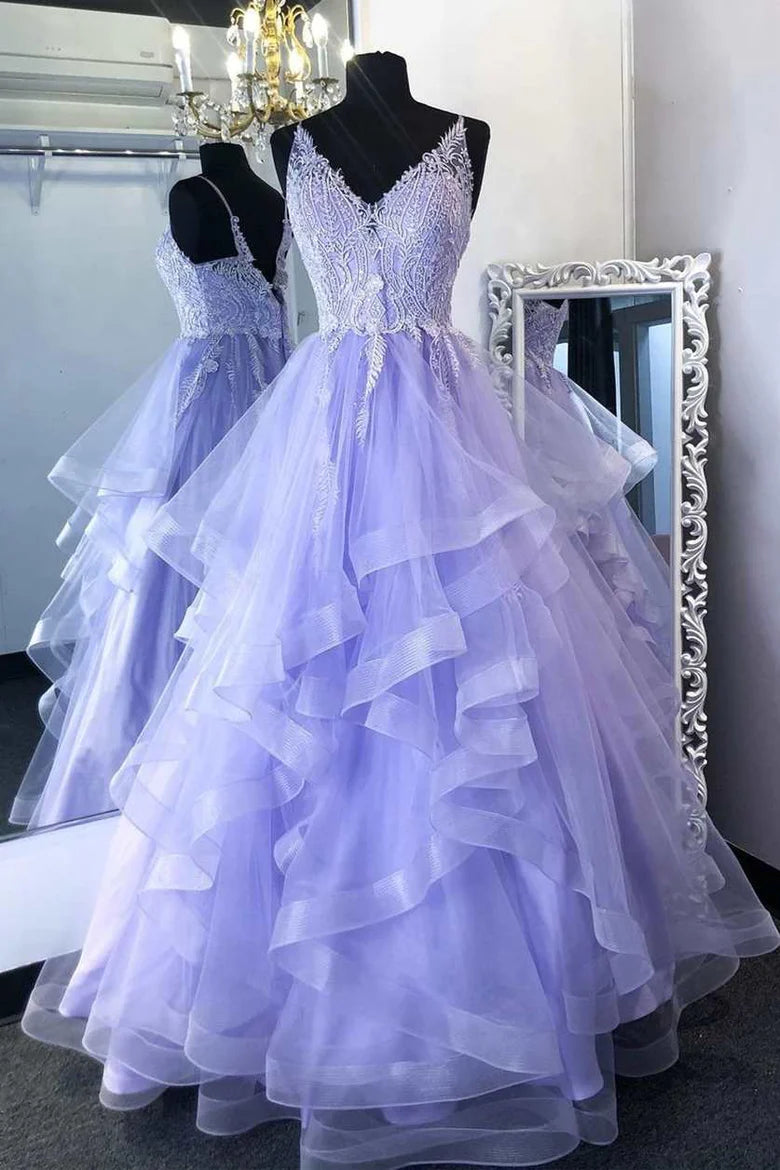 Lace Tulle V-Neck A-Line Tiered Prom Dress