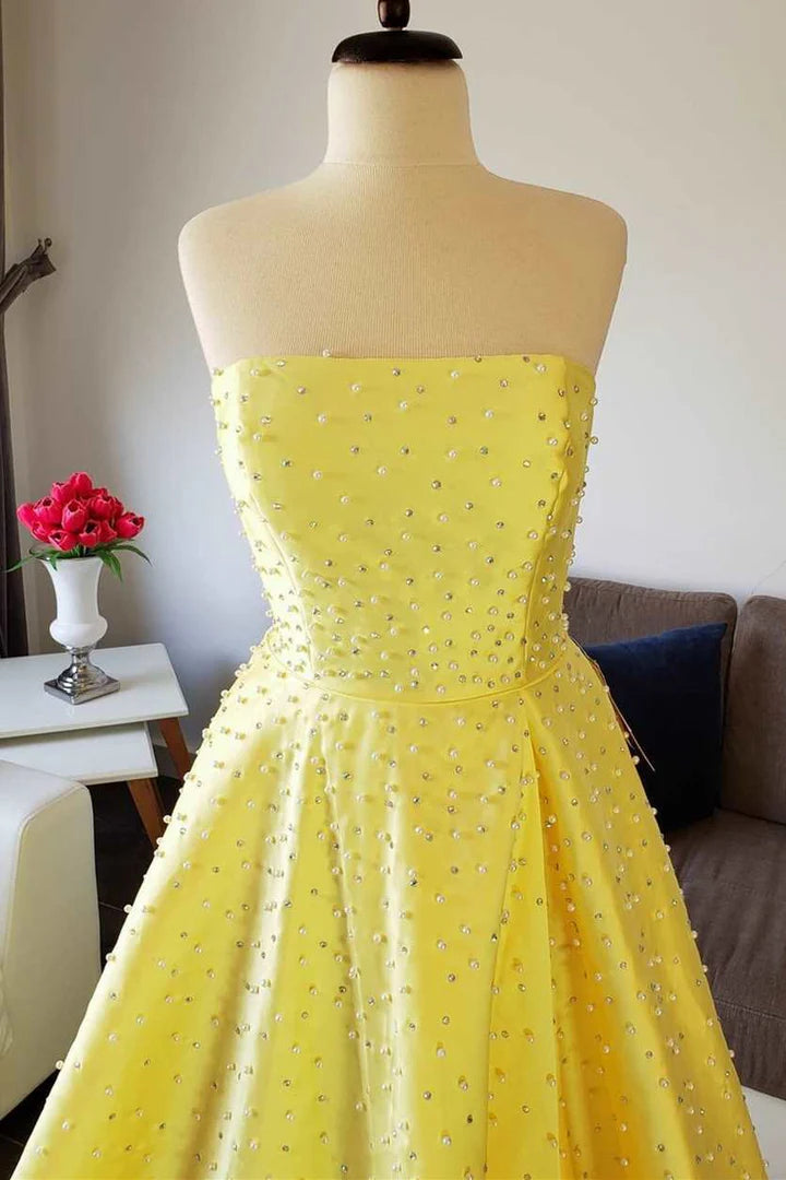 Satin Beaded Strapless A-line Prom Dress
