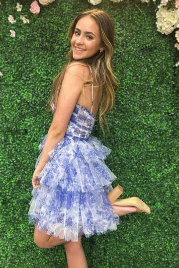Floral Print A-Line Tiered Tulle Homecoming Dress