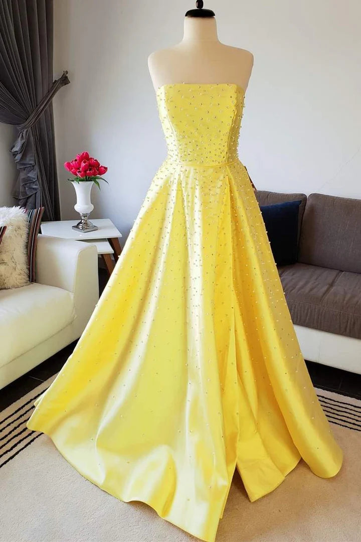 Satin Beaded Strapless A-line Prom Dress