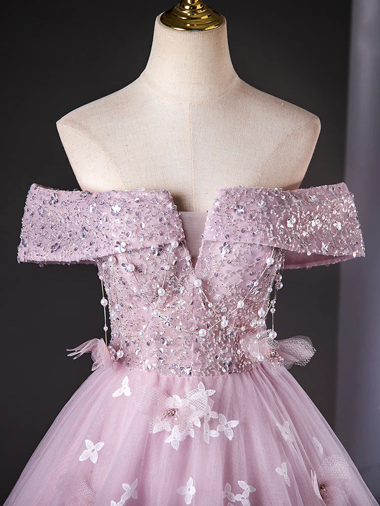 Formal Dress Evening Dress Bead work A-Line Off Shoulder Tulle Butterfly Lace Long Dress