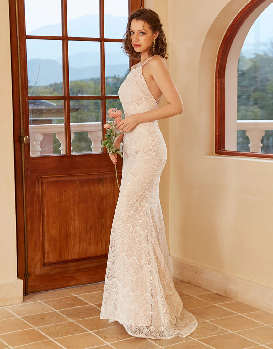 Mermaid Halter White Lace Wedding Dress with Sweep Train