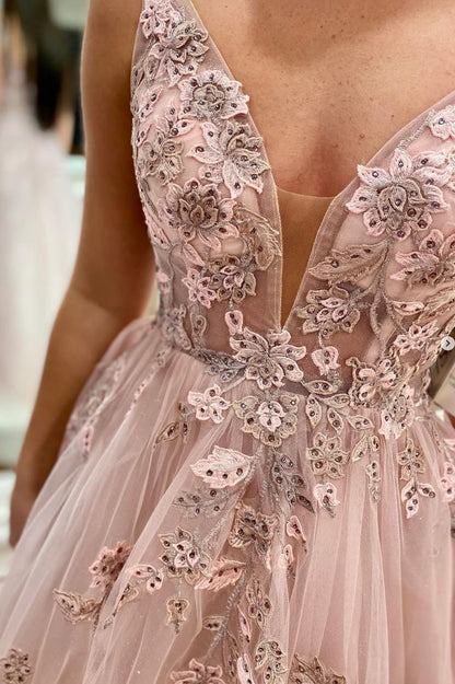 A-Line  V-Neck Lace Long Evening Party Dress Prom Dress With Appliques