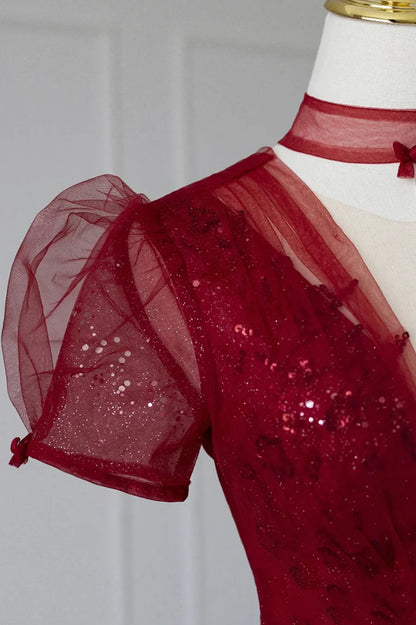 A-Line Burgundy Tulle Sequins Tea Length Evening Dress Prom Dress
