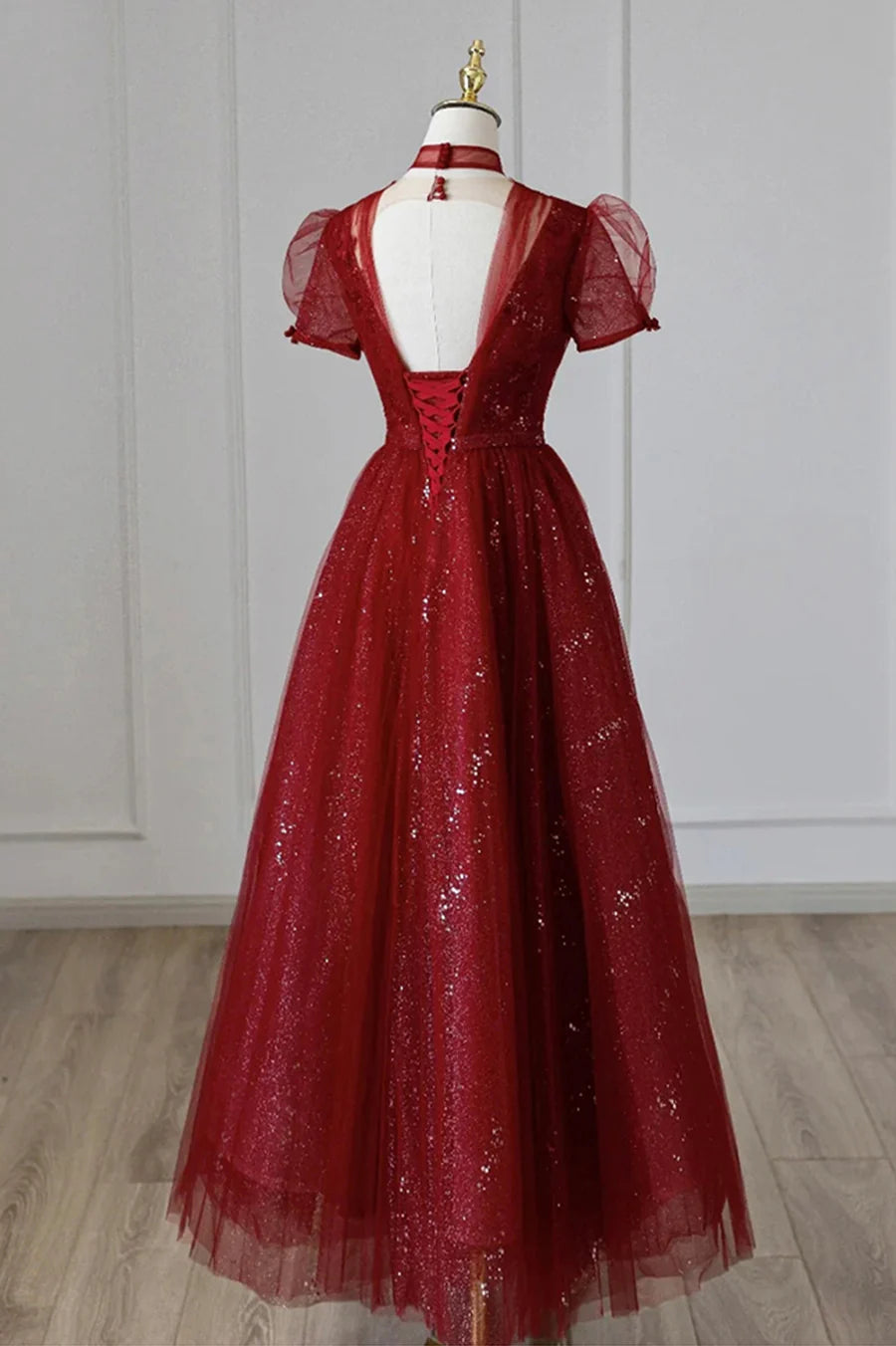 A-Line Burgundy Tulle Sequins Tea Length Evening Dress Prom Dress