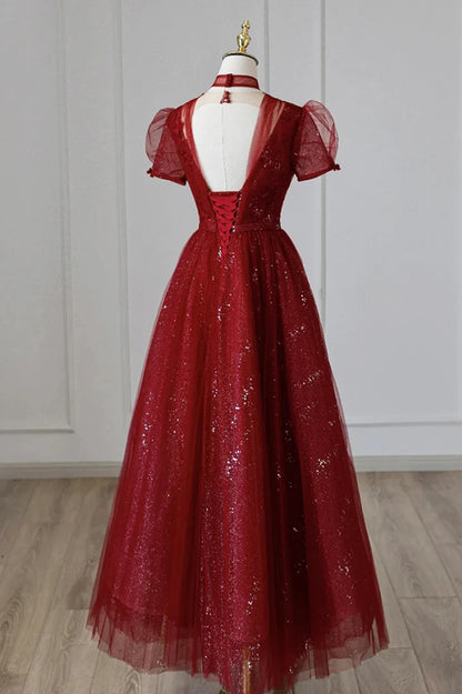 A-Line Burgundy Tulle Sequins Tea Length Evening Dress Prom Dress