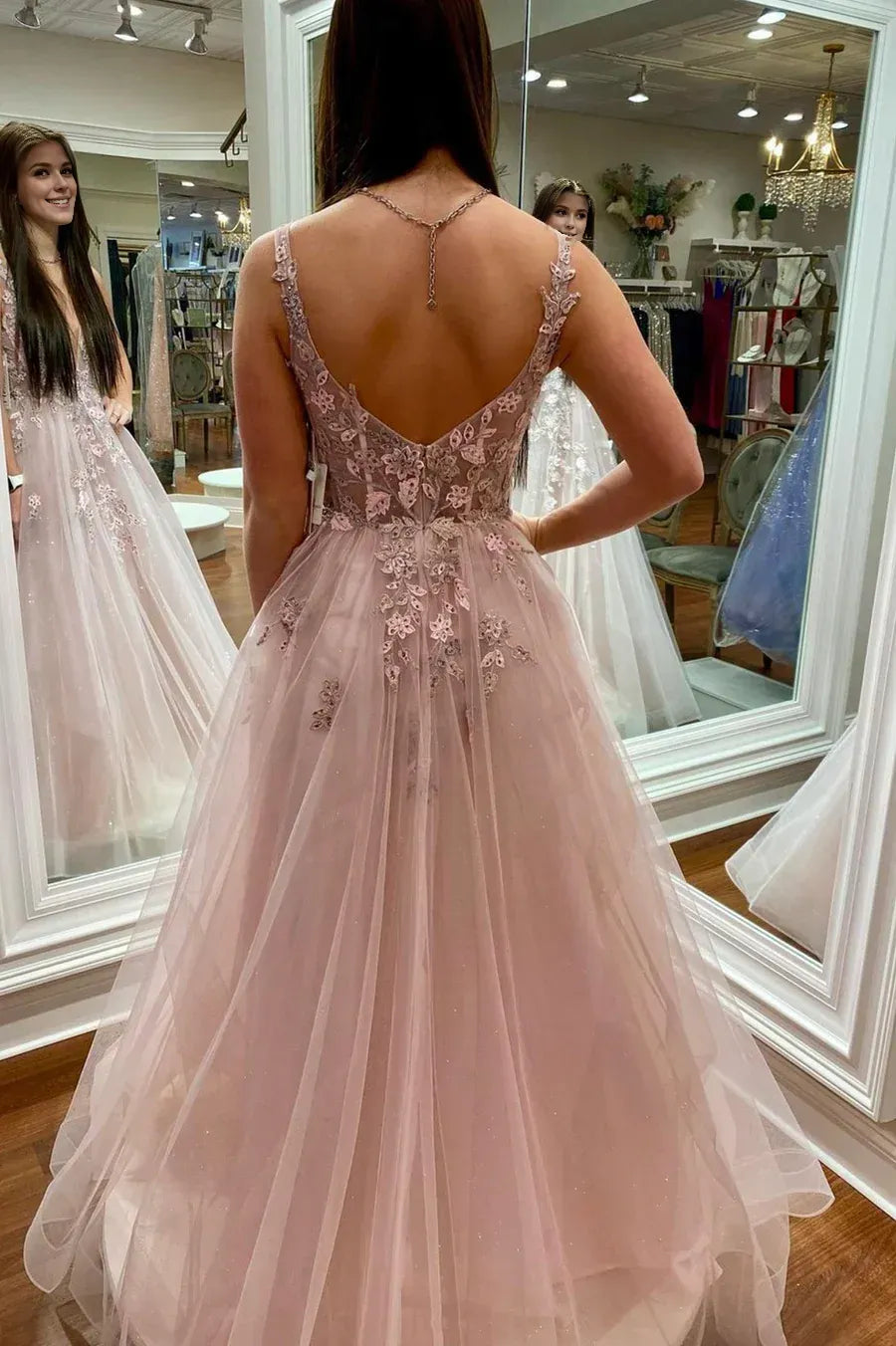 A-Line  V-Neck Lace Long Evening Party Dress Prom Dress With Appliques