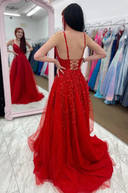Spaghetti Straps V Neck  Lace Long Prom Dress Backless Evening Party Dress With Appliques