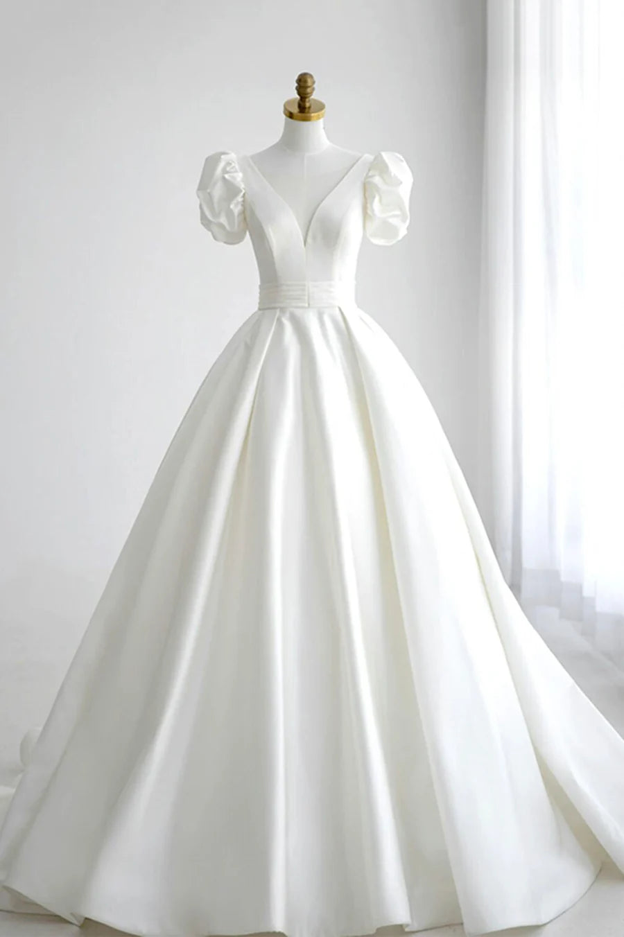 Casual Wedding Dresses Court Train A-Line V Neck Satin Long Formal Dress