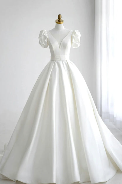 Casual Wedding Dresses Court Train A-Line V Neck Satin Long Formal Dress