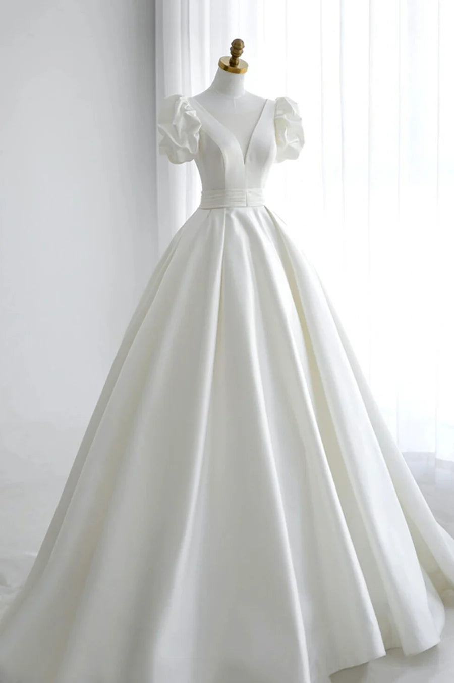Casual Wedding Dresses Court Train A-Line V Neck Satin Long Formal Dress