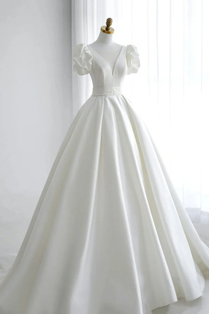 Casual Wedding Dresses Court Train A-Line V Neck Satin Long Formal Dress