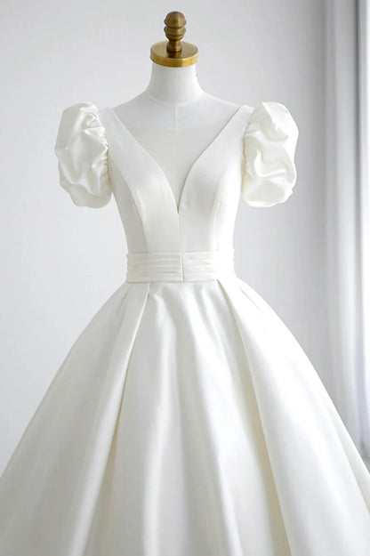 Casual Wedding Dresses Court Train A-Line V Neck Satin Long Formal Dress