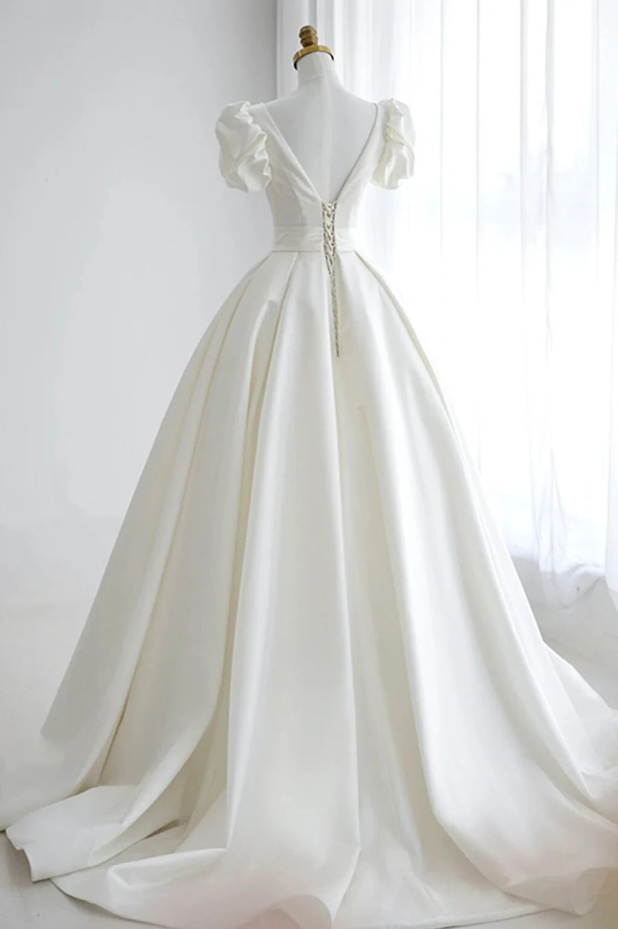 Casual Wedding Dresses Court Train A-Line V Neck Satin Long Formal Dress