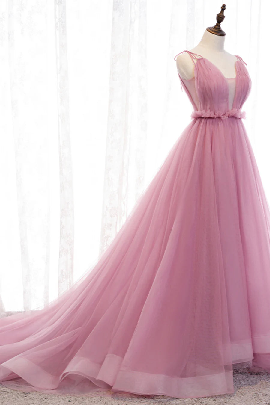 A-Line Pink Tulle Spaghetti Straps  Evening Party Dresses Sweep/Brush Train Dresses