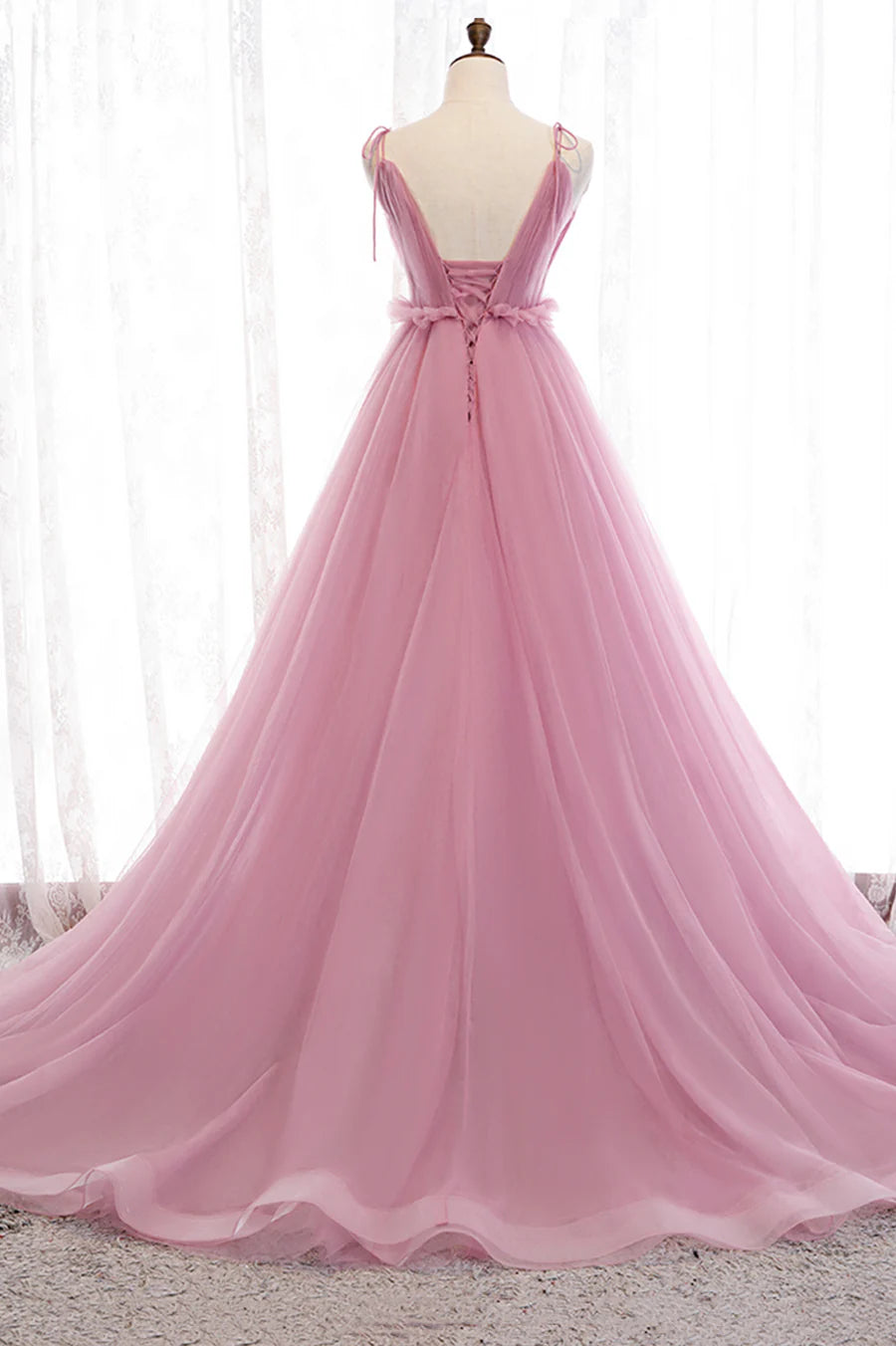 A-Line Pink Tulle Spaghetti Straps  Evening Party Dresses Sweep/Brush Train Dresses