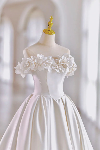 A-Line Flower Wedding Gown with Bow  Sweep / Brush Train Strapless Satin Long Ball Gown