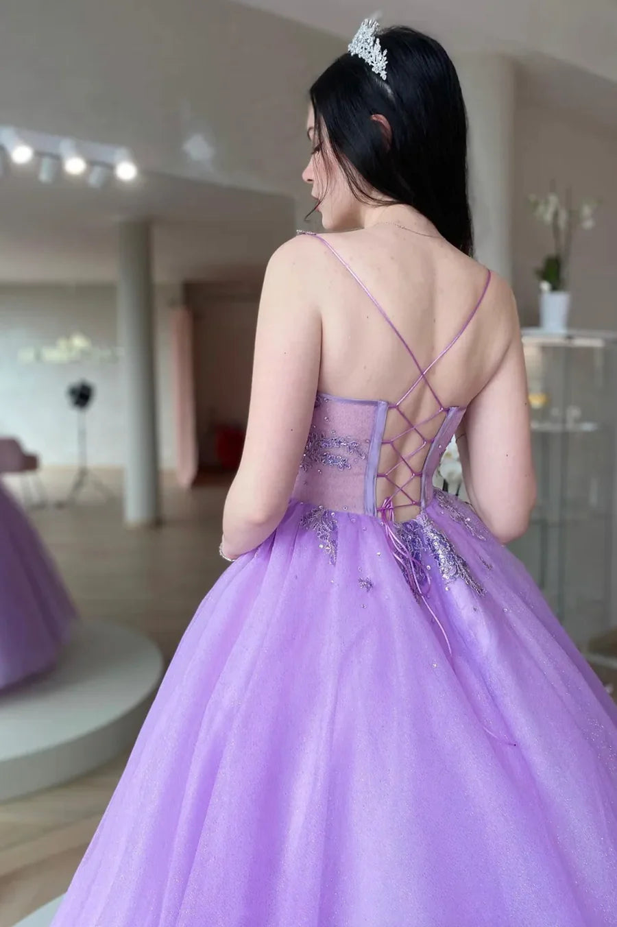 A-Line Purple V-Neck Lace Long Prom Dress Party Graduation Dress
