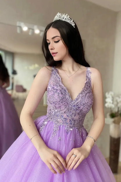 A-Line Purple V-Neck Lace Long Prom Dress Party Graduation Dress