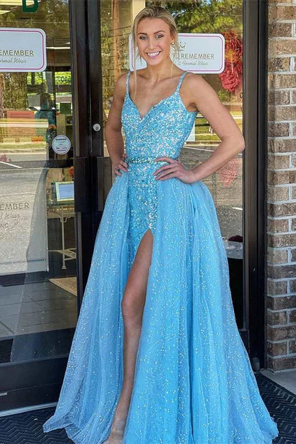 Sequin V-Neck Straps Long Prom Dress With Detachable Train