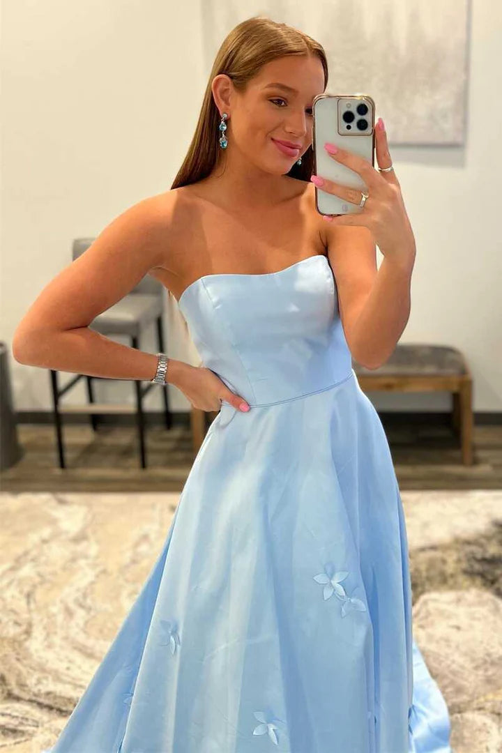 3D Flower  Strapless A-Line Prom Dress