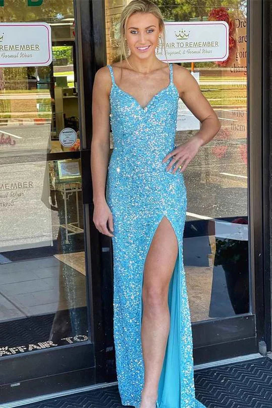 Sequin V-Neck Straps Long Prom Dress With Detachable Train