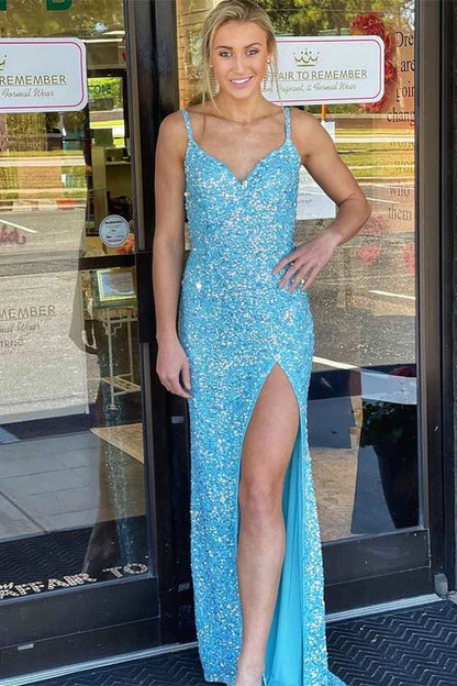 Sequin V-Neck Straps Long Prom Dress With Detachable Train
