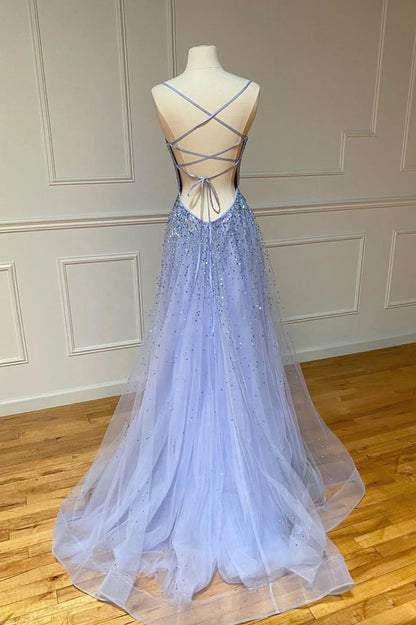 A-Line Backless Stylish Tulle Pearl Evening Party Dresses Long Prom Dresses